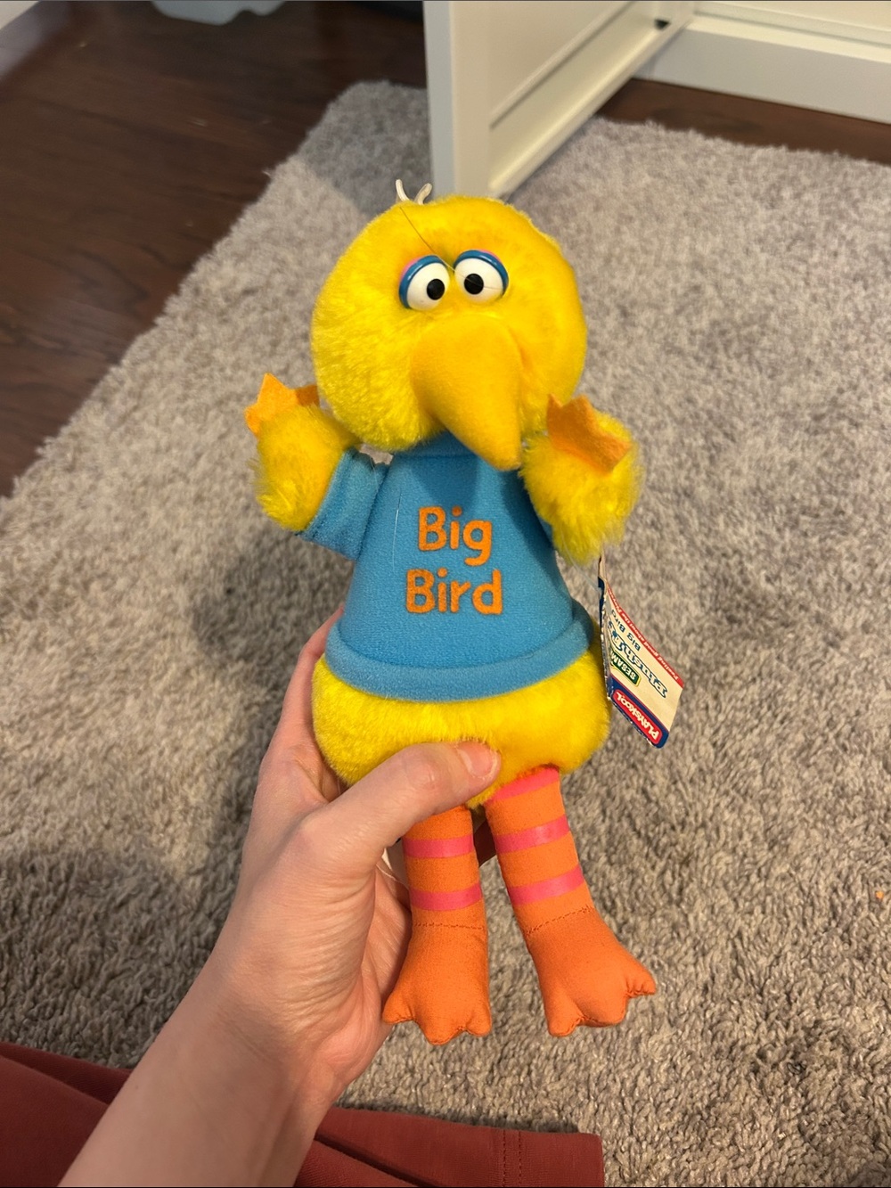Vintage Big Bird Yellow Plush Toy with Blue Shirt